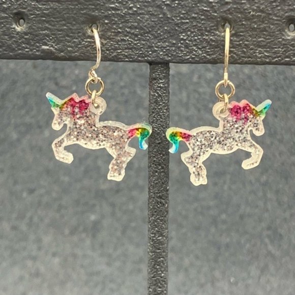 Jewelry - Unicorn Dangle Pierced Earrings Clear Glitter Rainbow Silver Retro 80s Pride